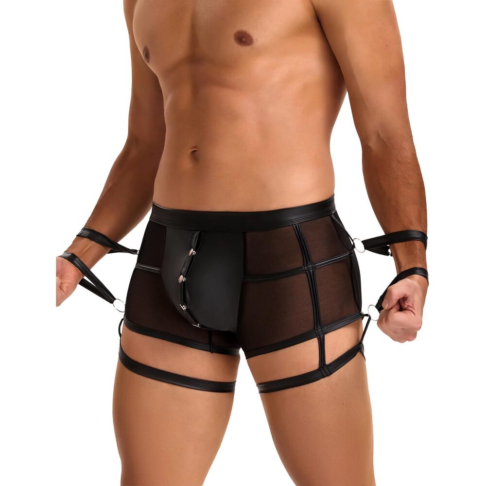 7389 Underwear Boxer Briefs, Sexy Underwear Mesh Boxer Open Front Bulge